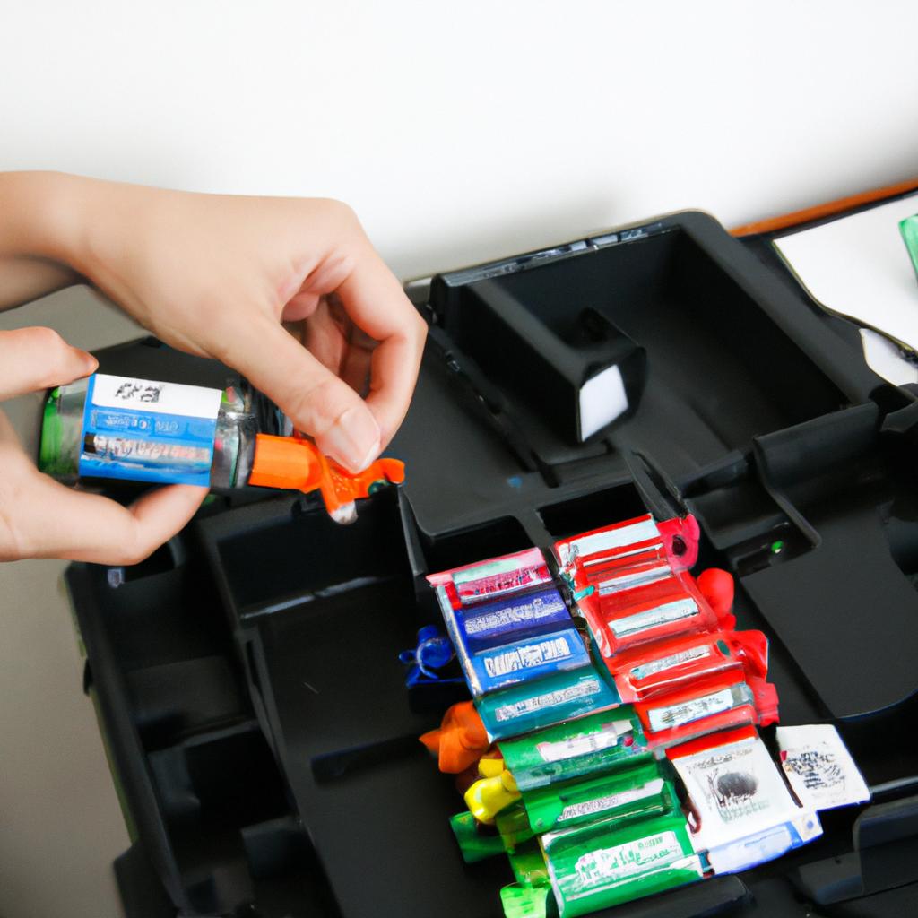 Person sorting printer cartridges for recycling
