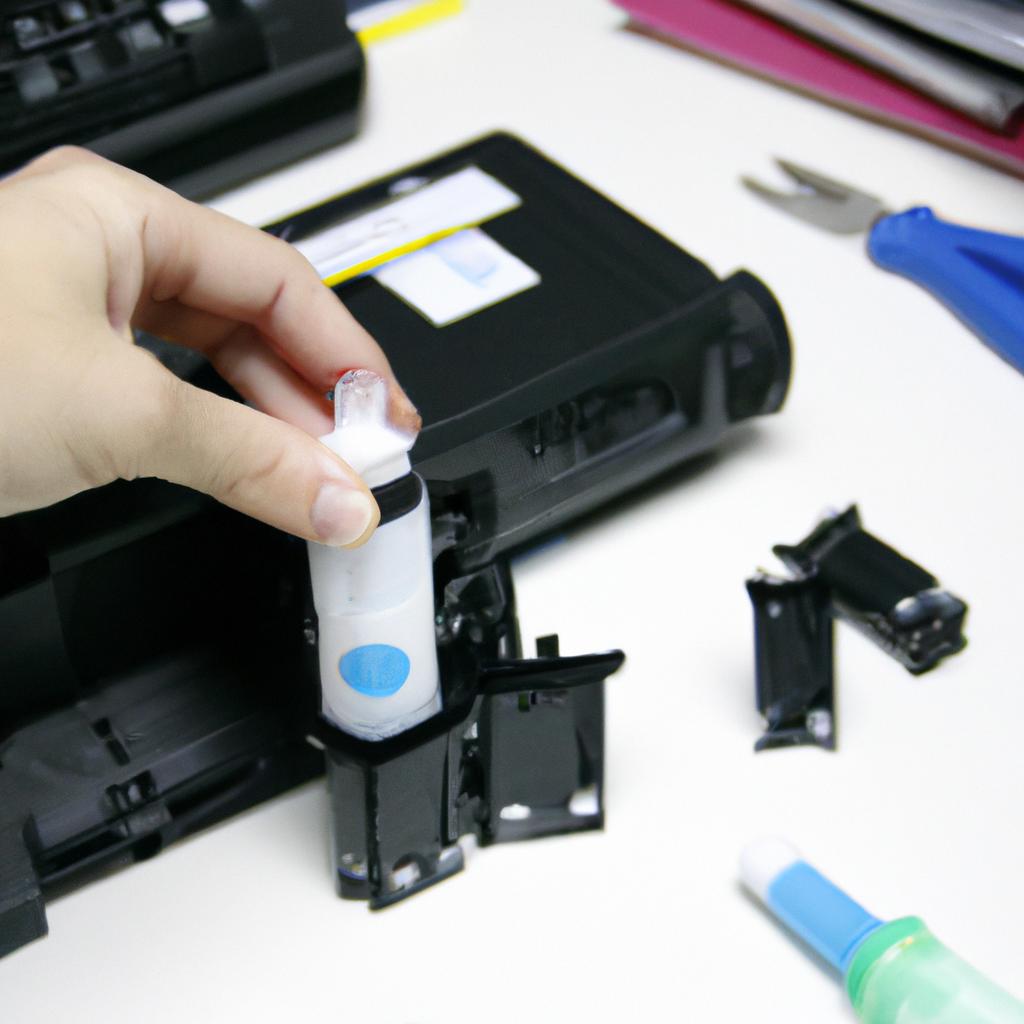 Person installing ink toner cartridges