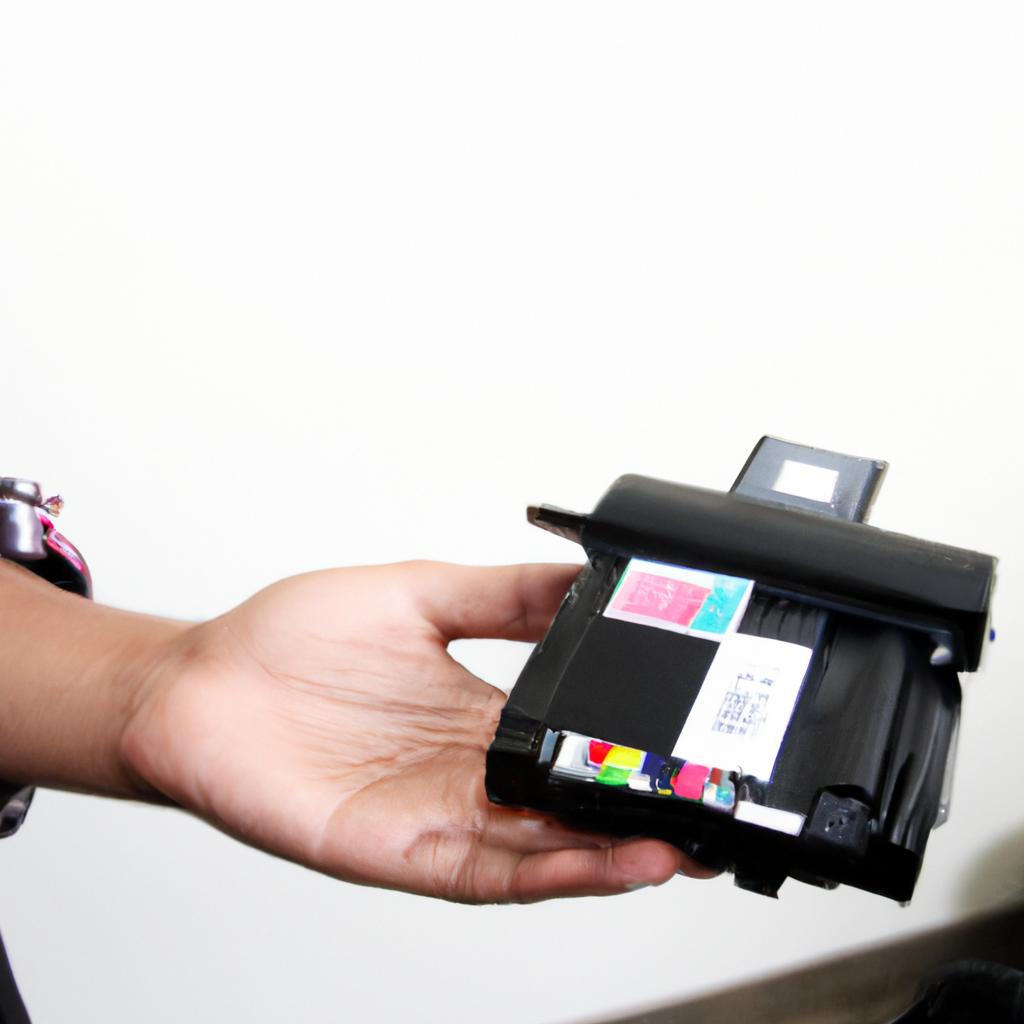 Person holding printer cartridge, explaining